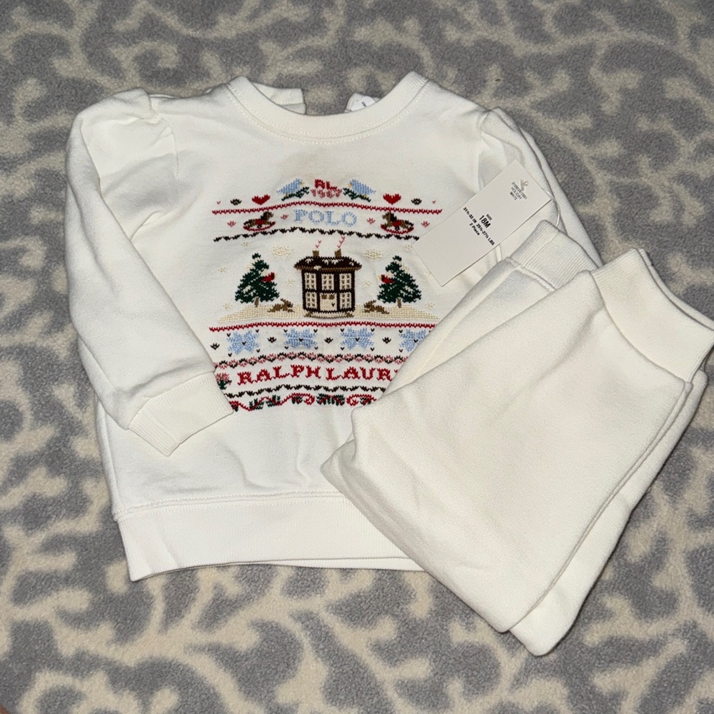 ❤️🤍RL🤍❤️ NWT Baby Girl 18m Fleece Graphic Sweatshirt & Pant Set. Brand new! - Picture 2 of 5